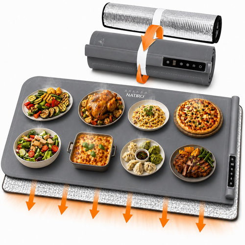 NATIRO warming mat rolled up beside the flat mat holding eight dishes, with the insulated pad underneath