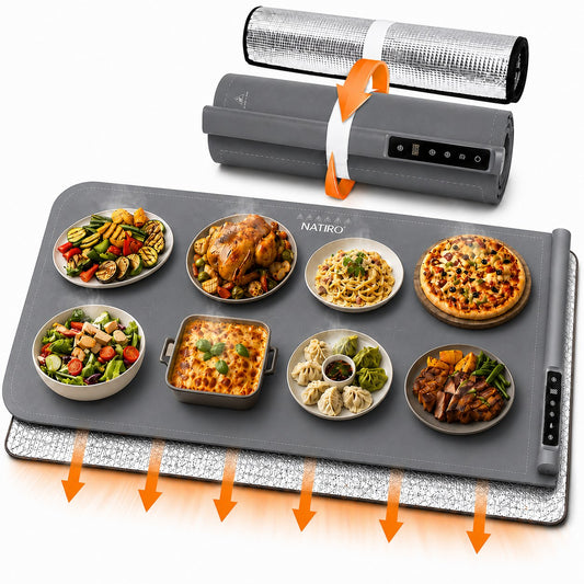 NATIRO warming mat rolled up beside the flat mat holding eight dishes, with the insulated pad underneath