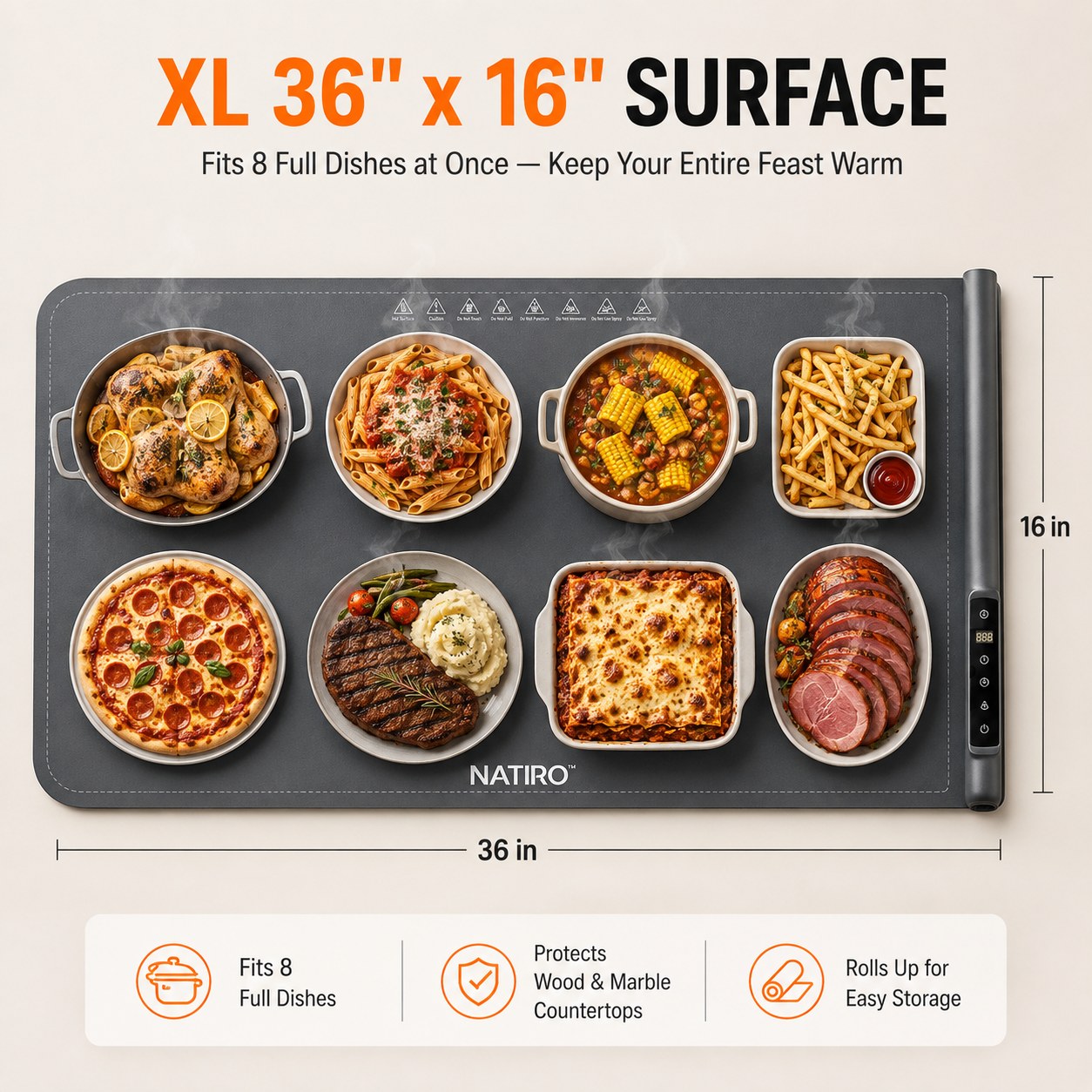 Overhead view of the 36 by 16 inch NATIRO mat holding eight dishes at once