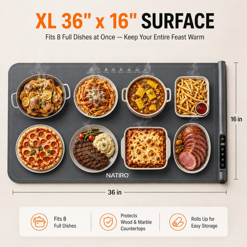 Overhead view of the 36 by 16 inch NATIRO mat holding eight dishes at once