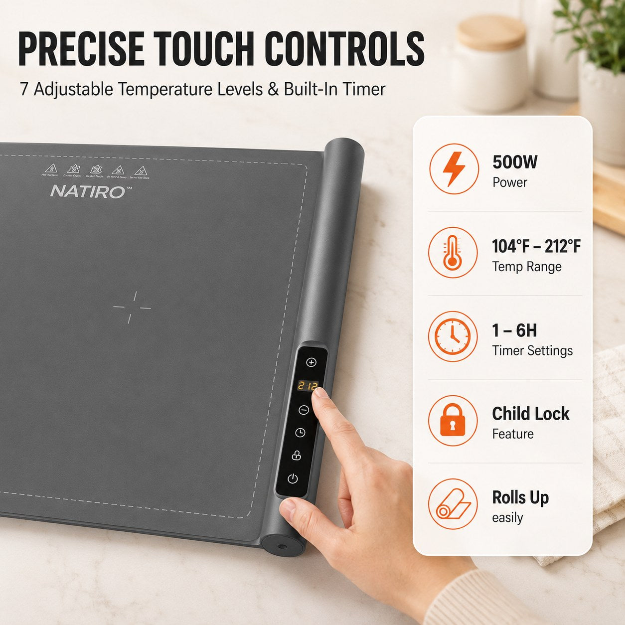 Close-up of the NATIRO touch control bar and LED display built into the roll edge