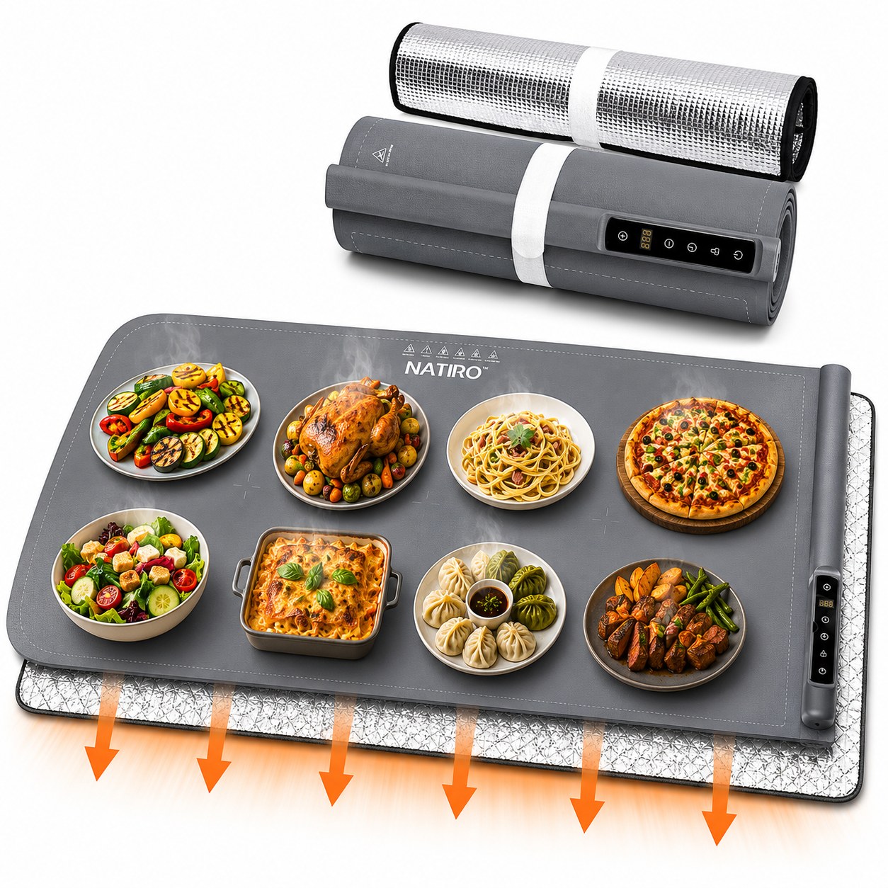 NATIRO food warming mat set up on a countertop for a buffet