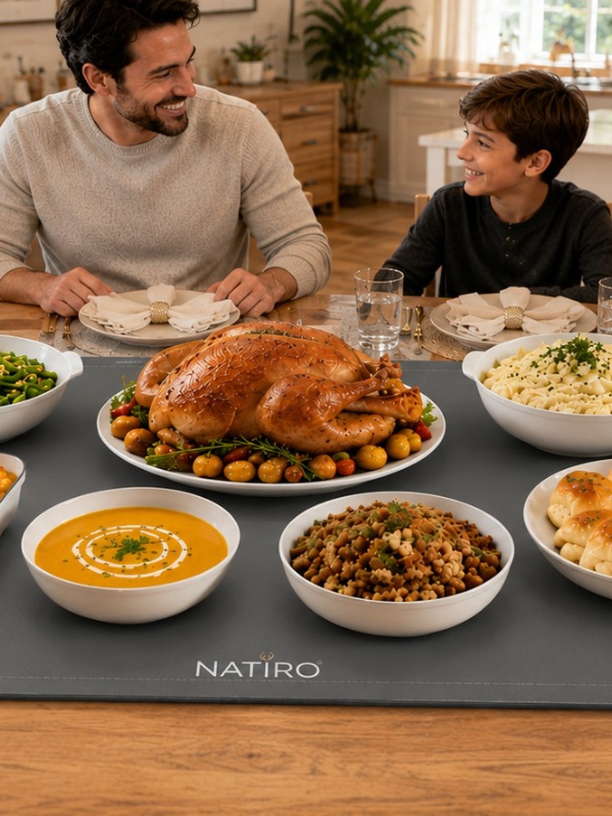Close view of the same holiday table with dishes held warm on the NATIRO mat