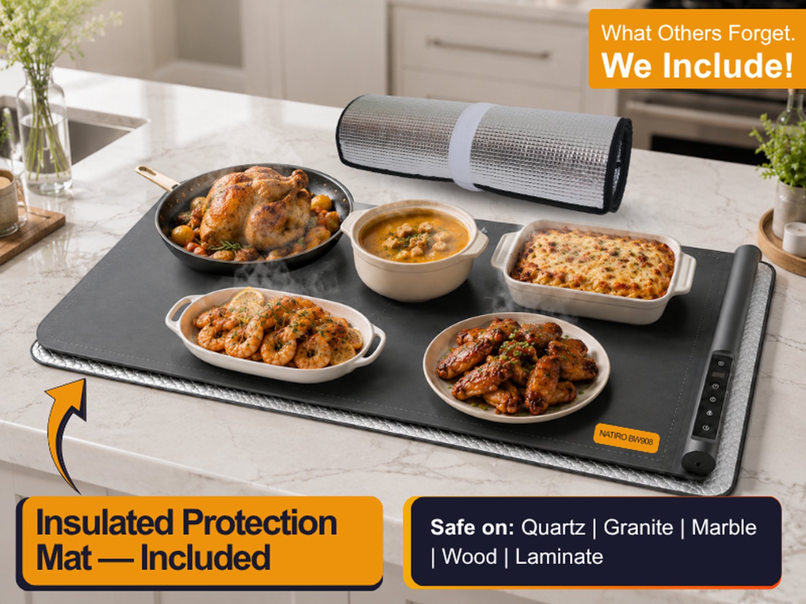 NATIRO warming mat on a marble counter with the reflective insulated pad rolled beside it