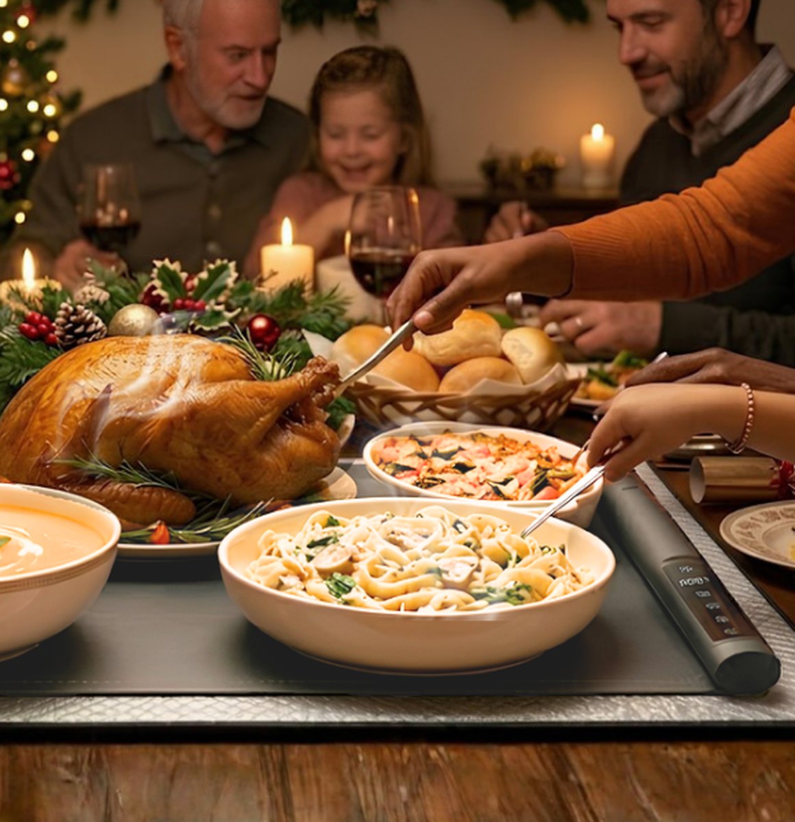 Family Christmas dinner with every dish still hot on the table