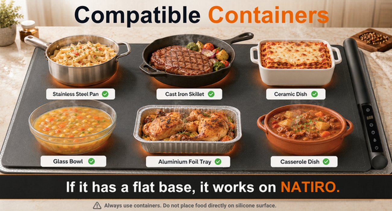 Containers that work on the NATIRO mat: stainless steel pans, cast iron skillets, ceramic and glass dishes, foil trays and casserole dishes.