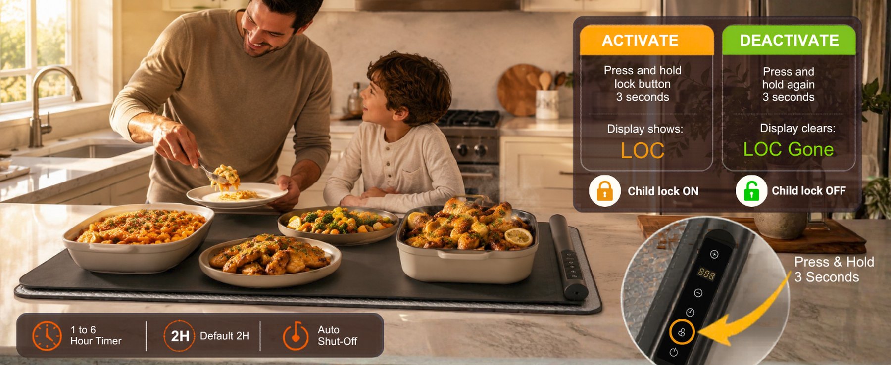 A parent and child in a kitchen beside the mat, with the child lock and timer explained