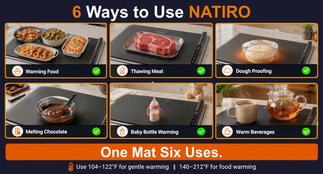 Six ways to use the NATIRO warming mat: warming food, thawing meat, proofing dough, melting chocolate, baby bottles and hot drinks.