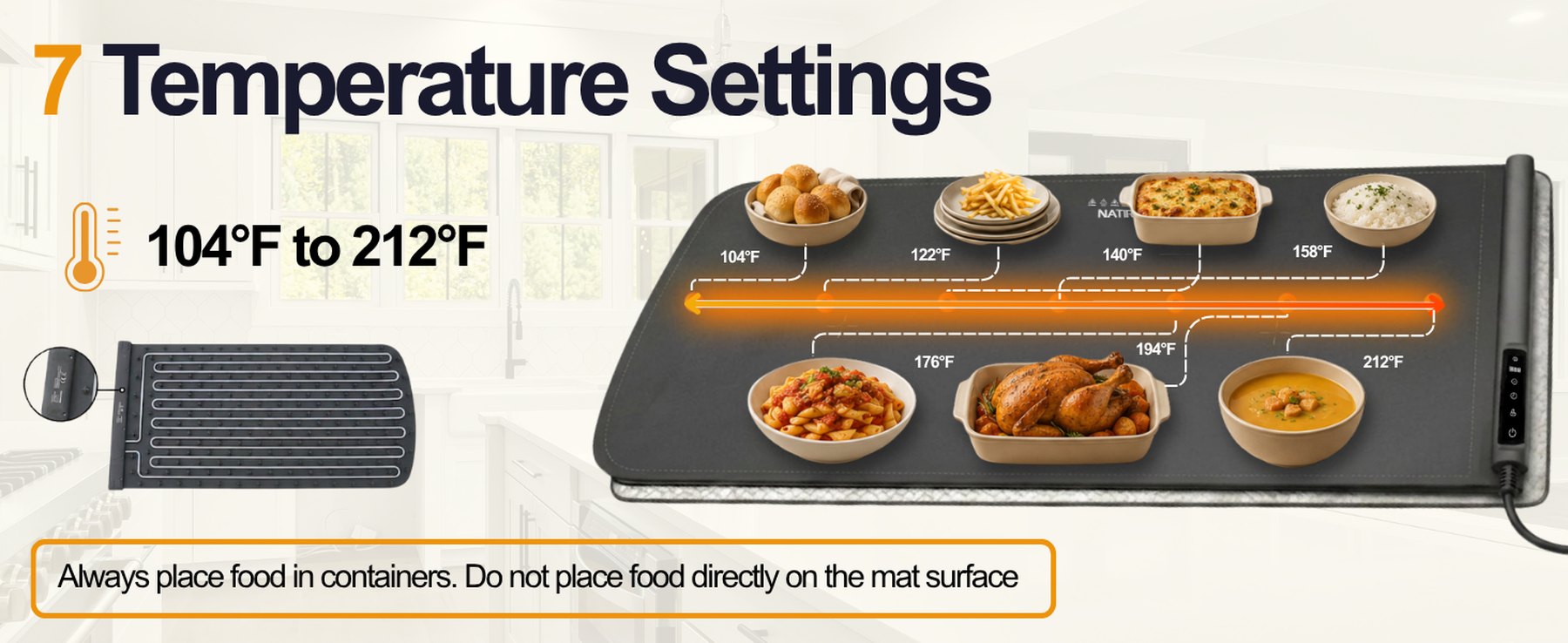 The seven temperature settings from 104 to 212 degrees Fahrenheit with dishes